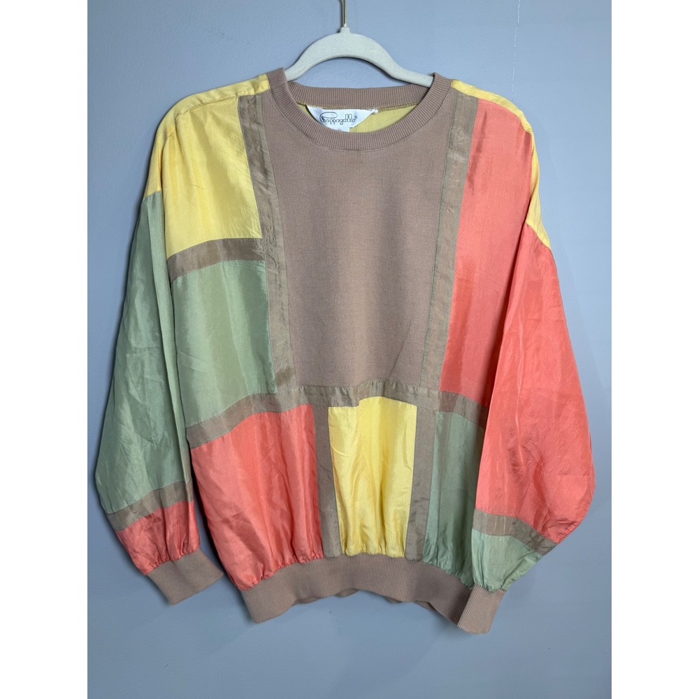 Pappagallo Vintage 100% Silk Cotton Colorblock Patchwork Pullover Sweater Mens M